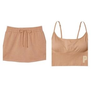 PINK Victoria's Secret Tan High Waist Fleece Skirt and Sports Bra Set